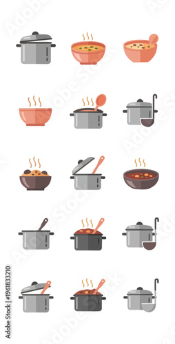 Illustrated cookware and food elements for culinary concepts