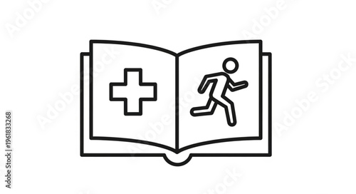 Open book with medical cross and running person icon.