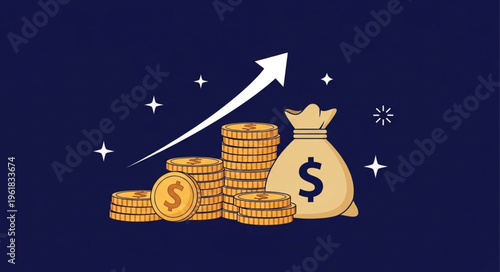 Financial growth and investment success with money bag and coins.