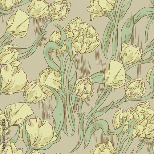 Seamless floral pattern with tulips in pastel yellow shades.