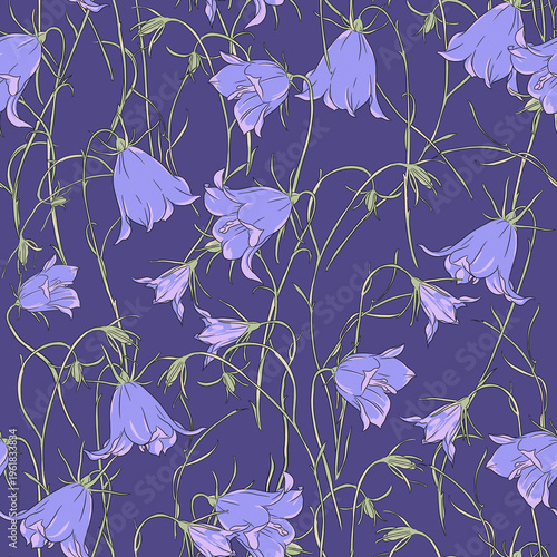 Seamless floral pattern with bluebells on a purple background.
