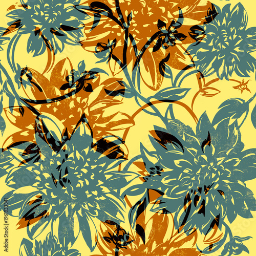 Seamless floral pattern with blockprint dahlias.