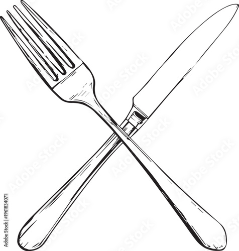 A meticulously crafted illustration showcases the timeless elegance of a fork and knife, their crossed placement hinting at the art of dining.