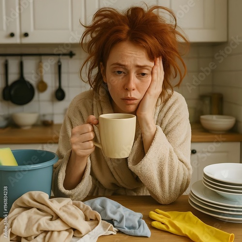Tired woman drinking coffee in messy kitchen full of dirty dishes and laundry
