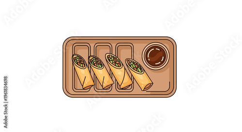 Delicious Spring Rolls with Dipping Sauce on a Wooden Tray
