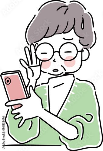 スマホを操作して老眼で目を細めるシニア女性