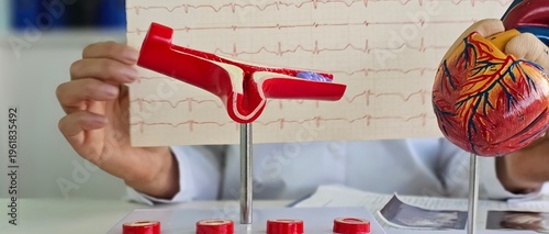 Medical professional showing anatomical models of the heart and arteries while analyzing an electrocardiogram