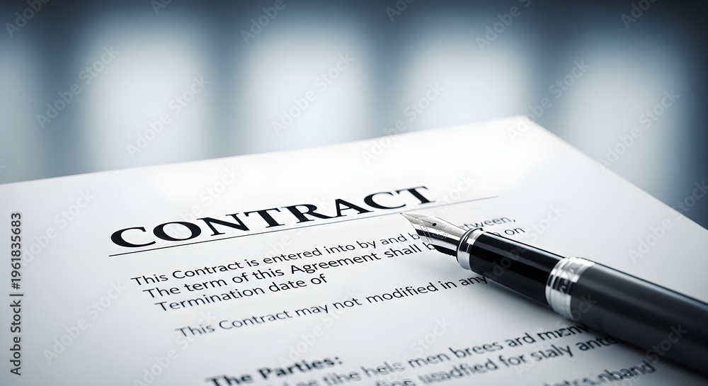 Obraz premium Close-up of a contract document with a fountain pen on top, against a blurred background with shallow depth of field.
