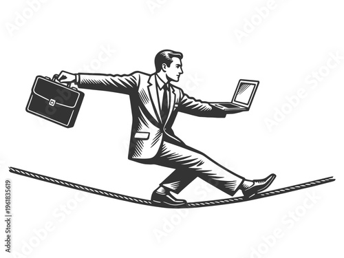 businessman walking tightrope while holding a briefcase and laptop, work life balance, risk, and multitasking sketch engraving generative ai vector illustration. Scratch board. Black and white image.