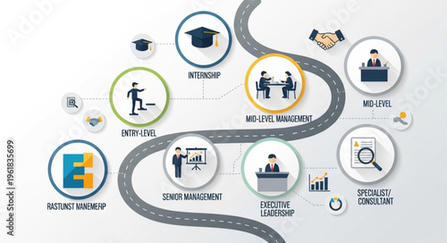 Business career path infographic with icons and roadmap.