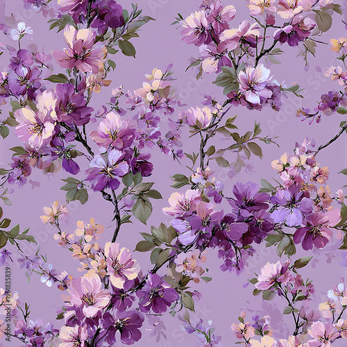 Soft lilac floral pattern with delicate purple and pink blossoms and green leaves on pastel background, creating vintage feminine aesthetic full of gentle beauty and charm