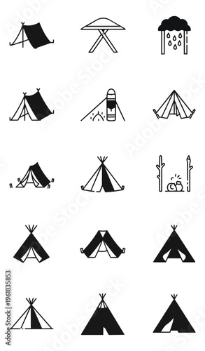Camping equipment icons black and white vector set