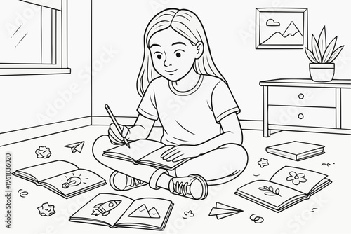 Coloring page for children - a teenage girl sitting on the floor surrounded by open sketchbooks and drawings