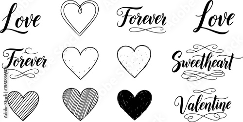 Collection of solid black handwritten hearts and love lettering, minimalist calligraphy silhouettes and romantic vector illustrations isolated on white.