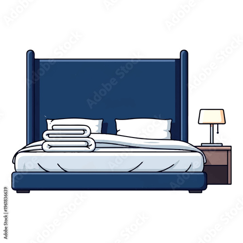 Illustration of a neatly made bed with folded towels on top, against a white background, with a nightstand and lamp.