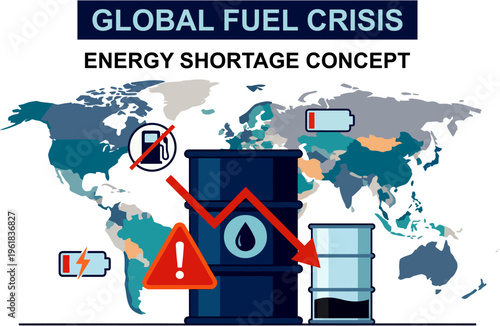 Vector illustration of global fuel crisis and energy shortage concept featuring world map, oil barrel, declining fuel prices graph, empty battery icons, and warning symbols. 
