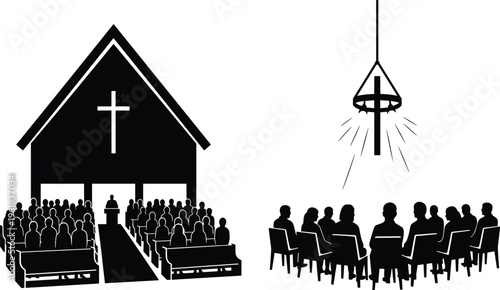 Church worship silhouettes set, Christian prayer service, religious gathering, cross symbol, faith community, spiritual meeting, minimal black white vector illustration
