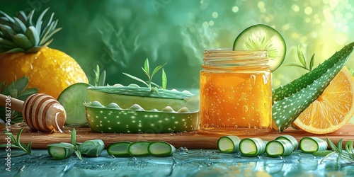 Flat lay of illustrated skincare ingredients including cucumber slices, orange halves, aloe, honey, seeds, and herbs. Generative by AI.
