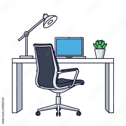 Line drawing of a modern office workspace with a computer, chair, desk, lamp, and potted plant on a white background.