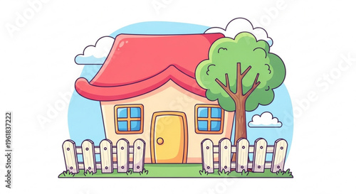 Colorful cartoon house with red roof and white picket fence in front yard with tree and blue sky background