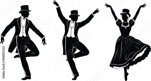 Elegant dancers silhouettes set, ballroom and classical performance, vintage costume, artistic movement, entertainment concept, minimal black white vector illustration design