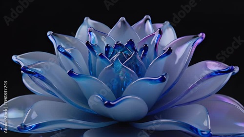Close-up of a beautiful blue glass lotus flower in bloom, with intricate details and a serene glow, against a dark background.