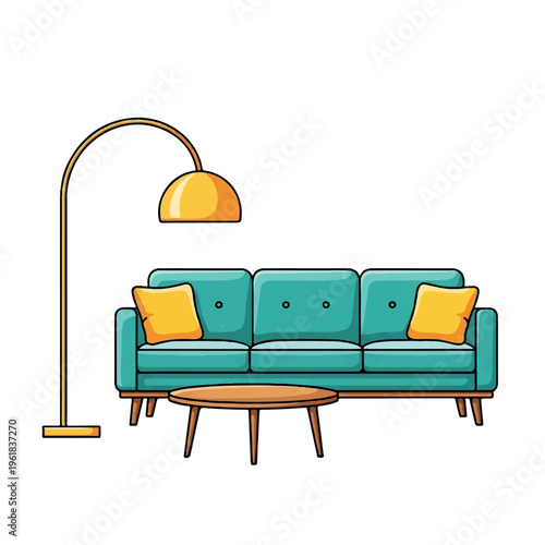 Illustration of a teal couch with yellow pillows and a matching lamp on a white background in a modern living room setting with warm tones.