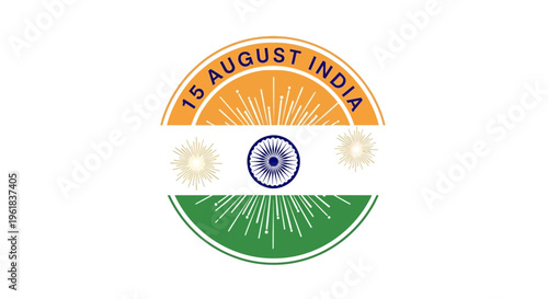 Logo commemorating India Independence Day on 15 August with a stylized tricolor design and sunburst pattern on a white background.