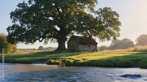 Scenic rural landscape featuring a wooden cottage under a large oak tree by a flowing river. Seamless loooing 4k video background