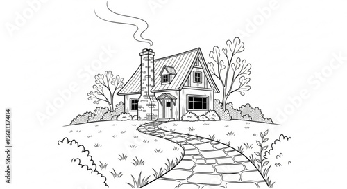 Cozy house with smoking chimney and stone path in a serene landscape with trees and bushes