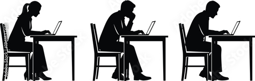 People working on laptops silhouettes set, office desk job, remote work concept, focused typing activity, technology use, minimal black white vector illustration