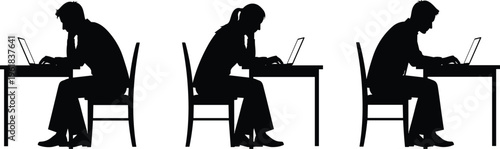 People working on laptop silhouettes, office desk work, remote job concept, focused typing, technology use, minimal black white vector illustration