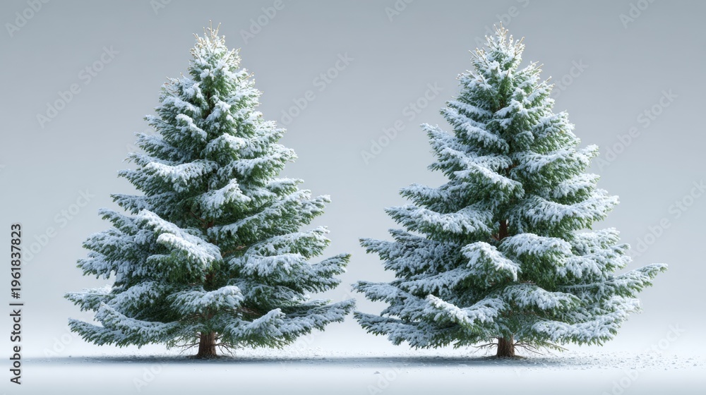 Obraz premium Two beautifully frosted evergreen trees standing side by side creating a serene winter landscape perfect for holiday decorations and seasonal themes. Generative AI