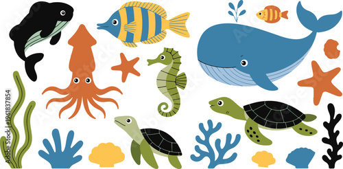 Cute vector set of marine animals and underwater life including whales turtles seahorses and coral for children education and nursery decor isolated on white background