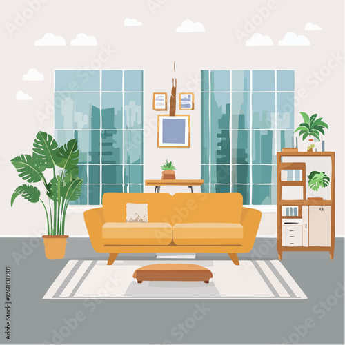Cozy Living Room with Sofa, Plants, and Large Windows