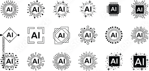 Artificial intelligence icon set vector illustration, AI technology symbols collection with circuit patterns, neural network elements and digital innovation logos isolated