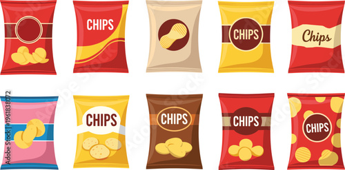 Potato chips packaging collection vector illustration, colorful snack bag set with different flavors branding mockups, modern flat junk food pack designs isolated