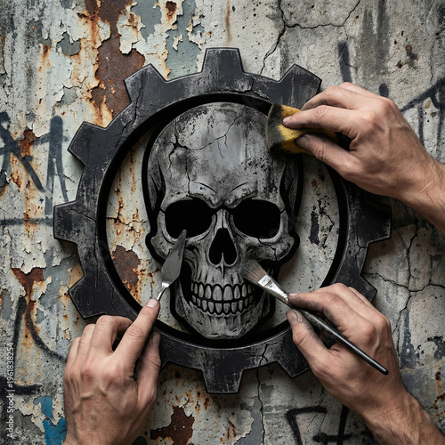 An artist applying a distress and dirt texture pattern over a black vector object to create a vintage grunge effect copy