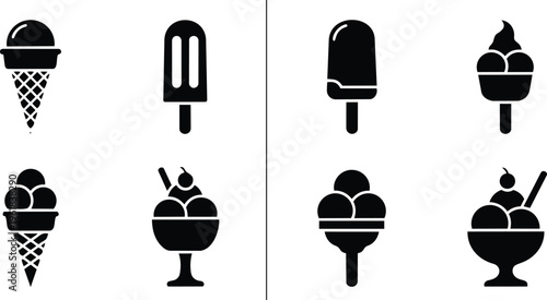Assorted black vector icons of delicious ice cream cones and sundaes and popsicles for summer dessert and food industry branding