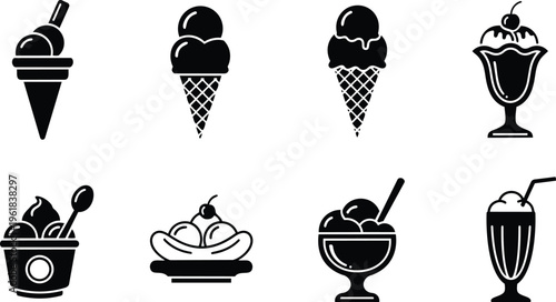 Set of black vector icons representing classic ice cream treats and sundaes and banana splits and milkshakes for food menus