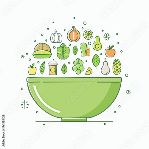 Healthy Food Icons in a Bowl Fresh Ingredients for a Balanced Diet