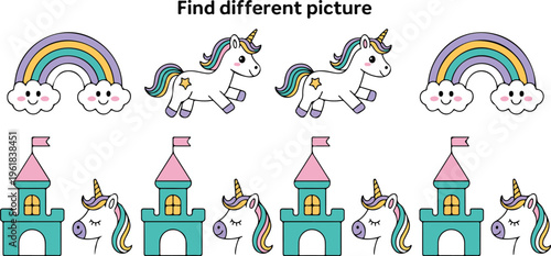 Educational find the different picture game for children with cute vector unicorns rainbows and fairy tale castles for preschool kids worksheet isolated on white