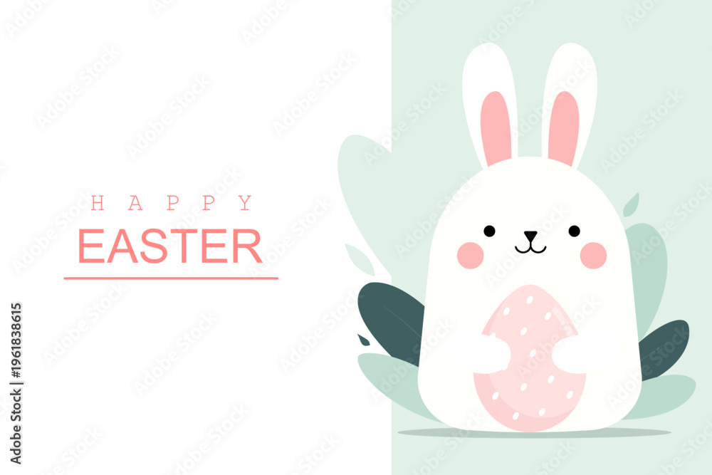 Obraz premium Cute white cartoon Easter bunny holding a pink decorated egg, surrounded by green leaves