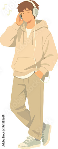 LoFi Young Man Listening To Music With Headphones Flat Illustration