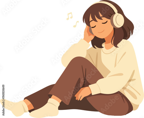 LoFi Teen Listening Music With Headphones Flat Illustration