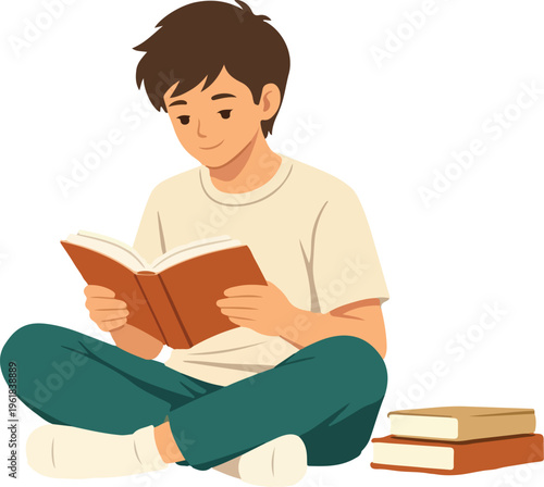 LoFi Boy Reading Book Calm Study Flat Illustration