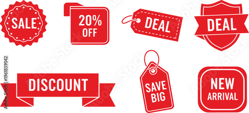 Red sale and discount tag set with promotional labels and banners for retail marketing and e-commerce store special offers