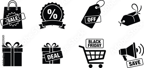 Retail and sale icons set featuring shopping bags and gift boxes and discount tags and promotional symbols