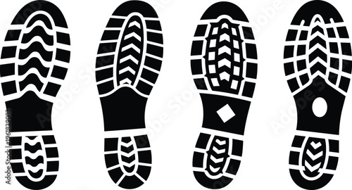 Detailed set of various shoe sole patterns and tread designs in a black silhouette style