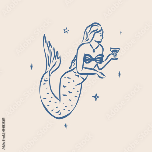 Line art doodle mermaid with glass illustration 